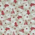 Тканини для декоративних подушок - Новорічна тканина Лонета Ялинка зірки, чевоний