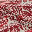 Ткани для портьер - Новогодняя ткань скотланд олени красно-белый