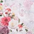 Ткани для декоративных подушек - Декоративная ткань лонета Розы мультиколор фон молочный