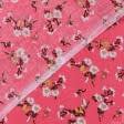 Тканини для суконь - Штапель фалма принт коричнево-білі квіти на рожевому