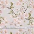 Тканини для декору - Декоративна тканина лонета Яблуневий цвіт білий фон світло сірий