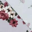 Тканини для суконь - Платтяний твіл принт бежеві, бордові квіти на сірому