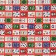 Тканини бавовняні сумішеві - Новорічна тканина лонета Листівки фон червоний