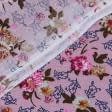 Тканини для суконь - Штапель фалма принт контур квітів рожевий, бежевий на темно-фрезовому