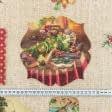 Ткани хлопок смесовой - Новогодняя ткань лонета Открытки фон бежевый