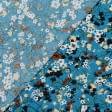 Тканини віскоза, полівіскоза - Штапель Фалма принт квіти біло-бежеві на кольорі морської хвилі