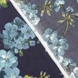 Тканини шовк - Шовк штучний стрейч принт бірюзові квіти на темно-синьому