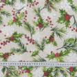 Тканини бавовняні сумішеві - Декоративна новорічна тканина лонета X-MAS FLAKE / Ягоди, гілочки, фон беж