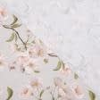 Тканини для декоративних подушок - Декоративна тканина лонета Яблуневий цвіт білий фон світло сірий