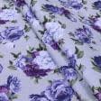 Ткани для детской одежды - Экокоттон пионы фиолет, фон серый