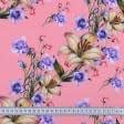 Тканини для суконь - Платтяний шовк віскозний принт дзвоники, лілії на рожевому