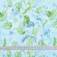 Тканини для спідниць - Льон костюмний принт листя салатове/блакитне