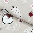 Тканини для печворку - Декоративна новорічна тканина лонета Сніговик / X-MAS RENNE  пінгвін, фон беж