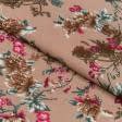 Тканини для суконь - Штапель фалма принт коричнево-малинові квіти на світло-коричневому