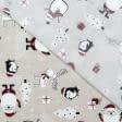 Ткани новогодние ткани - Новогодняя ткань лонета Снеговик пингвин фон беж