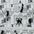 Тканини для покривал - Жакард Будиночки коти чорні фон сірий