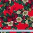 Ткани для римских штор - Декоративная новогодняя ткань Рождественник фон красный (аналог 107030)