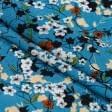 Тканини для спідниць - Штапель Фалма принт квіти біло-бежеві на кольорі морської хвилі