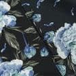 Тканини тканини софт - Шовк штучний принт чорні півонії молочно-блакитні на чорному