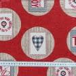 Тканини текстиль для кухні - Ранер для сервірування столу Новорічний / Листівки в кулі, червоний фон 150х40 см  (173575)