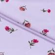 Тканини для суконь - Крепдешин принт червоні квітки на бузковому