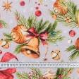 Тканини новорічні тканини - Новорічна тканина лонета Кульки з бантиками червоний фон сірий