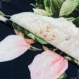 Тканини для блузок - Шифон стрейч софт Поліна принт троянди на темно-синьому