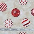 Ткани для портьер - Декоративная новогодняя ткань NATAL / снежинки шары,св. беж