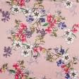 Тканини для суконь - Платтяний креп принт яскраві квіти на світло-рожевому