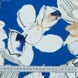Тканини для суконь - Трикотаж принт квіти біло-бежеві на синьому