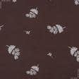 Тканини для одягу - Платтяний твіл принт білі листочки на коричневому