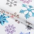 Ткани портьерные ткани - Декоративная новогодняя ткань лонета Снежинки большие/ DE голубой, бордовый фон молочный