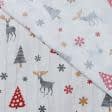 Ткани для декоративных подушек - Новогодняя ткань лонета Олени фон св. серый