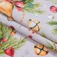 Ткани новогодние ткани - Новогодняя ткань лонета Шары с бантами красный фон серый