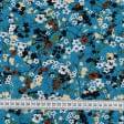 Тканини для суконь - Штапель Фалма принт квіти біло-бежеві на кольорі морської хвилі