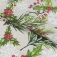 Ткани новогодние ткани - Новогодняя ткань лонета ягоды, веточки, фон бежевый
