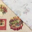 Ткани хлопок смесовой - Новогодняя ткань лонета Открытки фон бежевый