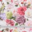 Ткани для декоративных подушек - Декоративная ткань лонета Розы мультиколор фон молочный