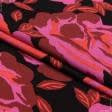 Тканини для суконь - Платтяний твіл принт великі червоно-малинові троянди на чорному