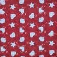 Тканини новорічні тканини - Новорічна тканина лонета Іграшки серця, фон червоний