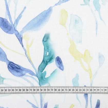 Тканин лен - Лен костюмный принт ветки зеленый/синий/желтый акварель 3