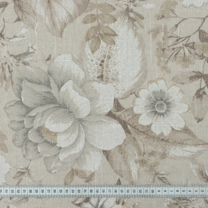 Тканин хлопок смесовой - Тюль рогожка Ней цветы серо-бежевые с утяжелителем 3