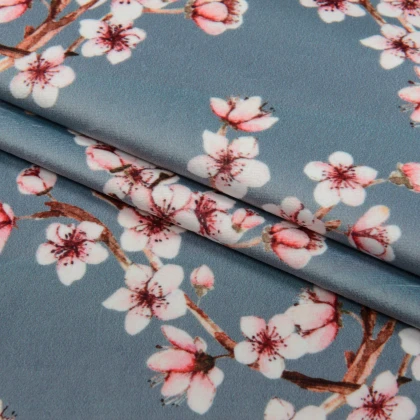 Тканин велюр/бархат - Декоративный велюр принт Сакура цвет серый